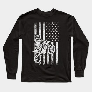 Dirt Bike American Flag | Vintage Distressed 4th of July Long Sleeve T-Shirt